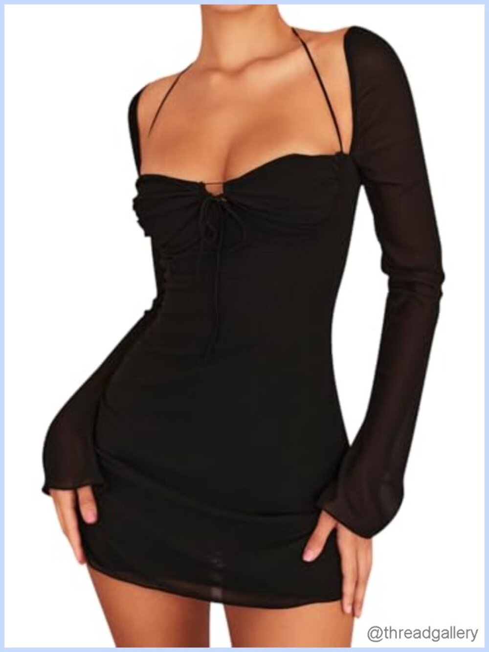 Women's Mesh Bodycon Mini Dress Long Puff Sleeve Sweetheart Party
